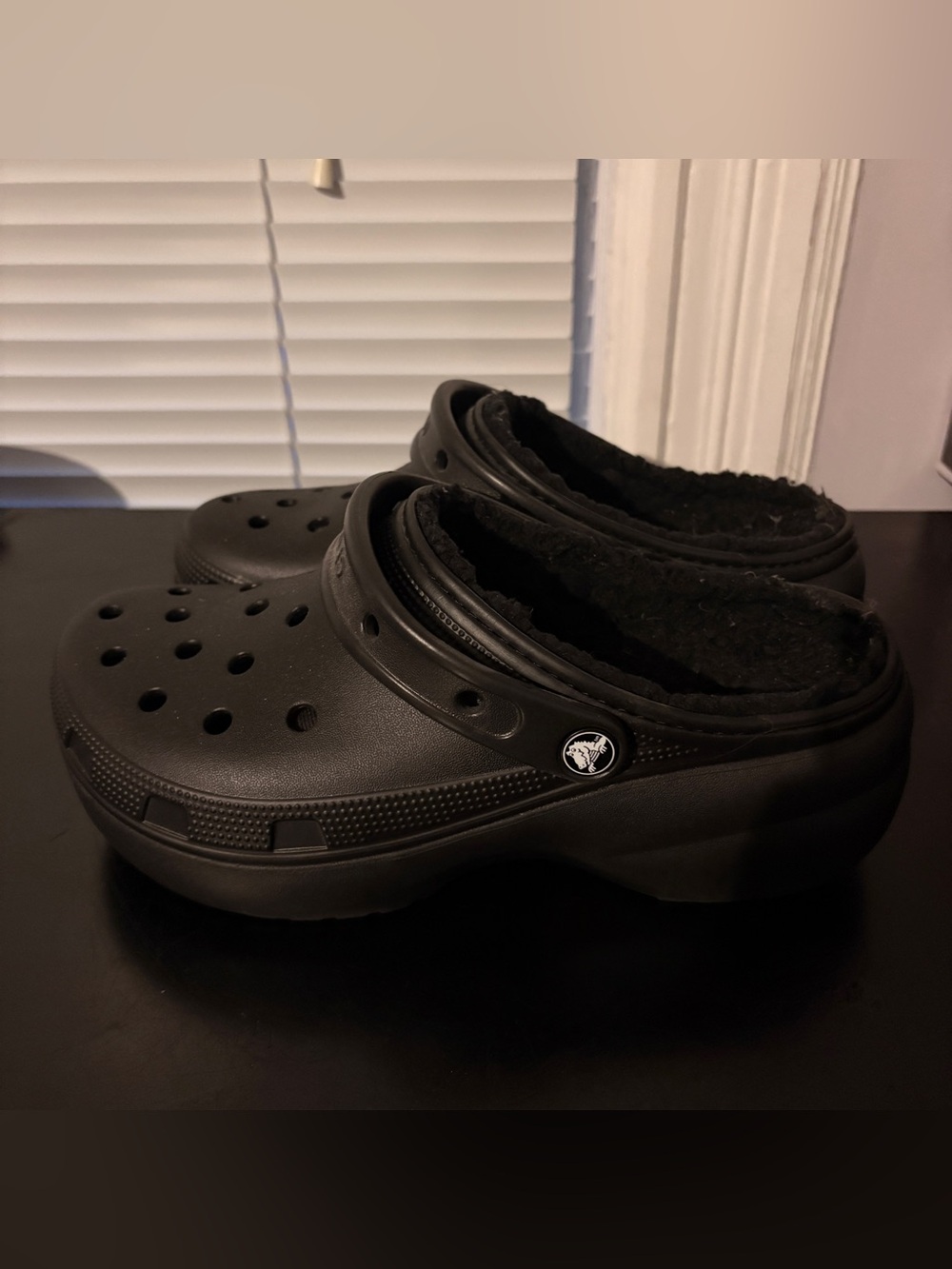 Black Fuzz-Lined Platform Crocs (Size 9)